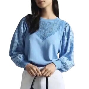 Pilcro Washed Eyelet Sweatshirt Blue XS Lace Puff Sleeve Boho Anthropologie Top